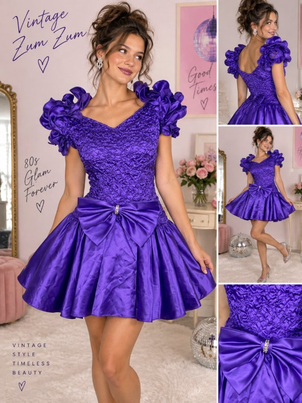 Vintage 80s Zum Zum Purple Satin Prom Dress 5/6 Ruffle Bow Union Made USA